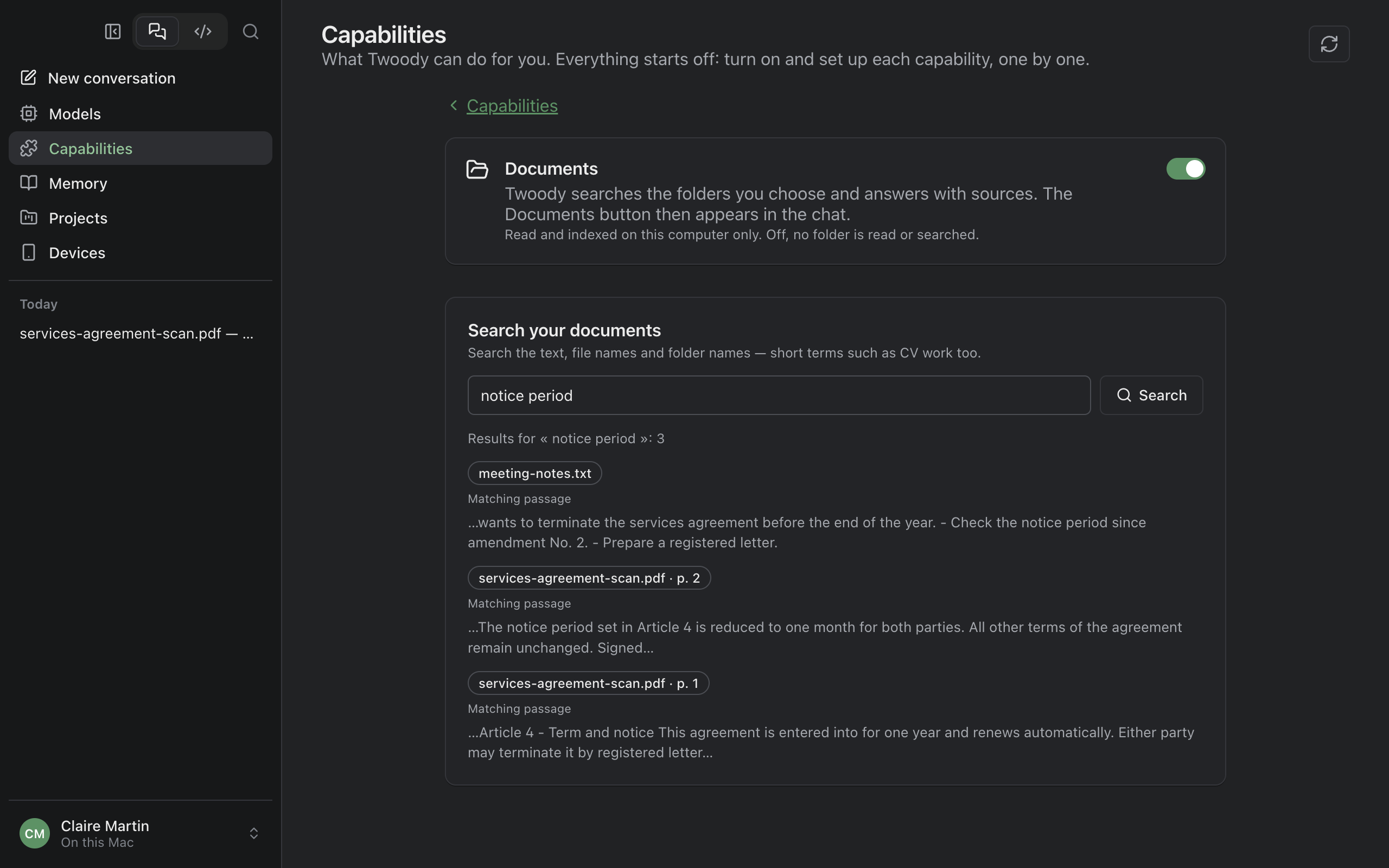 Twoody's Documents screen, in Capabilities: a search for “notice period” that finds passages in the meeting notes and in the scanned agreement, pages 1 and 2.