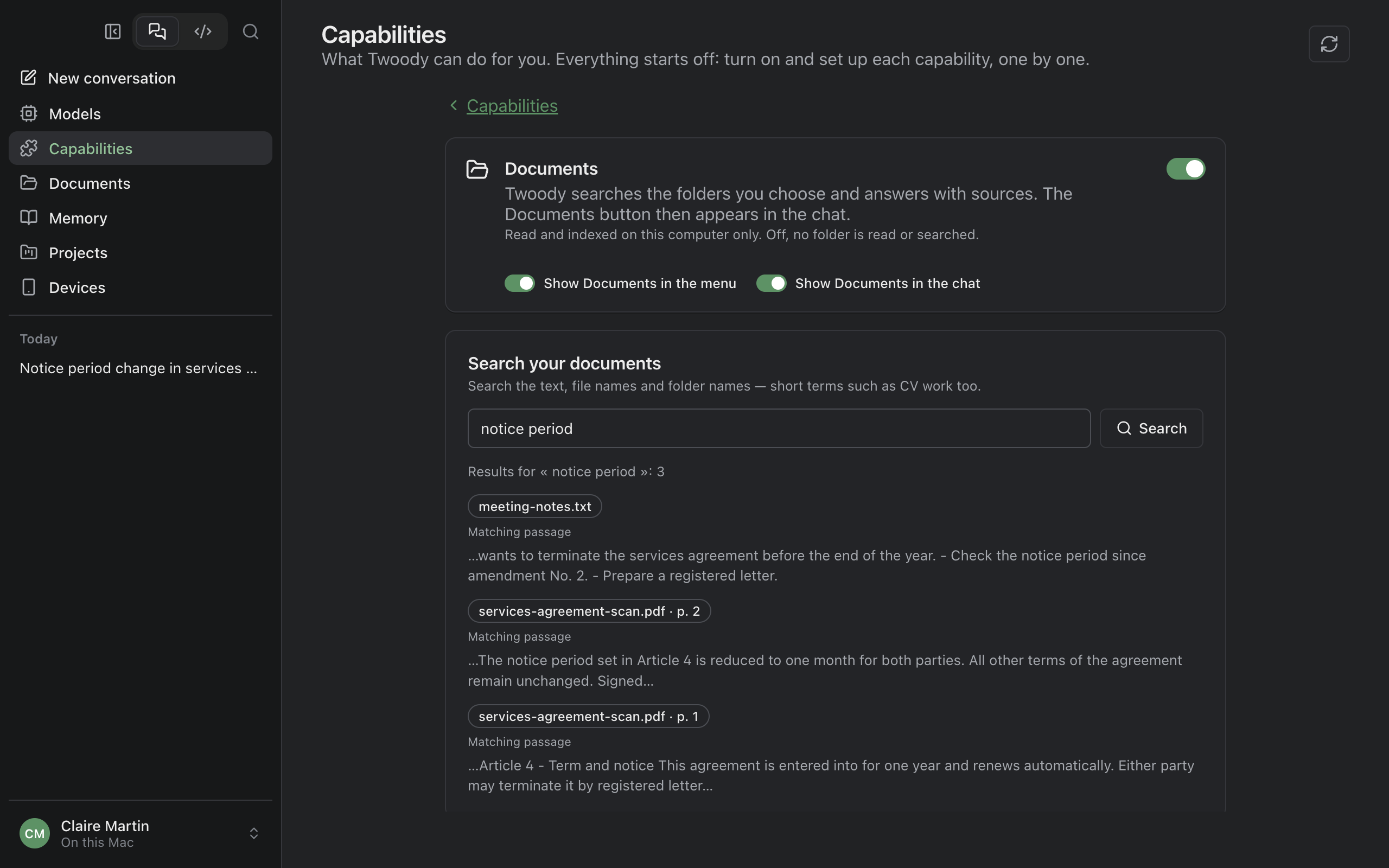 Twoody's Documents screen, in Capabilities: a search for “notice period” that finds passages in the meeting notes and in the scanned agreement, pages 1 and 2.
