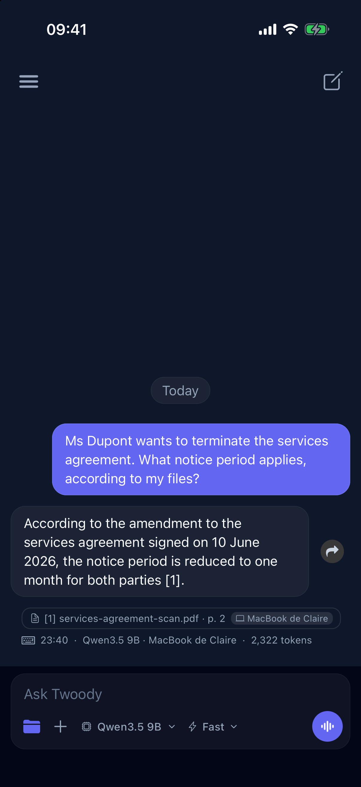 The Twoody iPhone app: the question “Ms Dupont wants to terminate the services agreement. What notice period applies, according to my files?” and the answer of Qwen3.5 9B, running on “MacBook de Claire”: one month since the amendment, with its source, services-agreement-scan.pdf page 2.